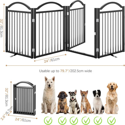 Metal No-Assembly Freestanding Dog Gate with Door Walk Through, Extra Wide 144", Extra Tall 32" Pet Gate, Accordion Puppy Folding Playpen Dog Fence for Indoor & Outdoor, with 2PCS Support - Black