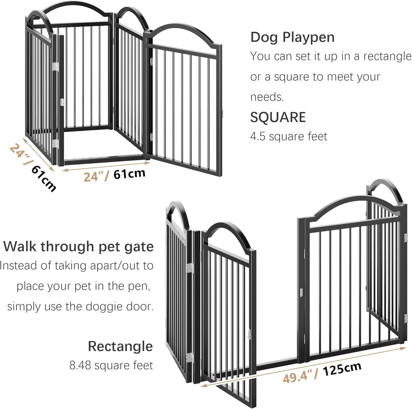Metal No-Assembly Freestanding Dog Gate with Door Walk Through, Extra Wide 144", Extra Tall 32" Pet Gate, Accordion Puppy Folding Playpen Dog Fence for Indoor & Outdoor, with 2PCS Support - Black