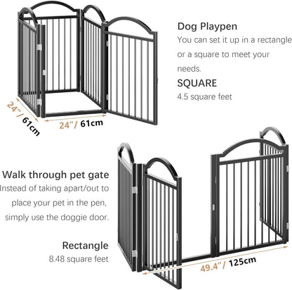 Metal No-Assembly Freestanding Dog Gate with Door Walk Through, Extra Wide 144", Extra Tall 32" Pet Gate, Accordion Puppy Folding Playpen Dog Fence for Indoor & Outdoor, with 2PCS Support - Black