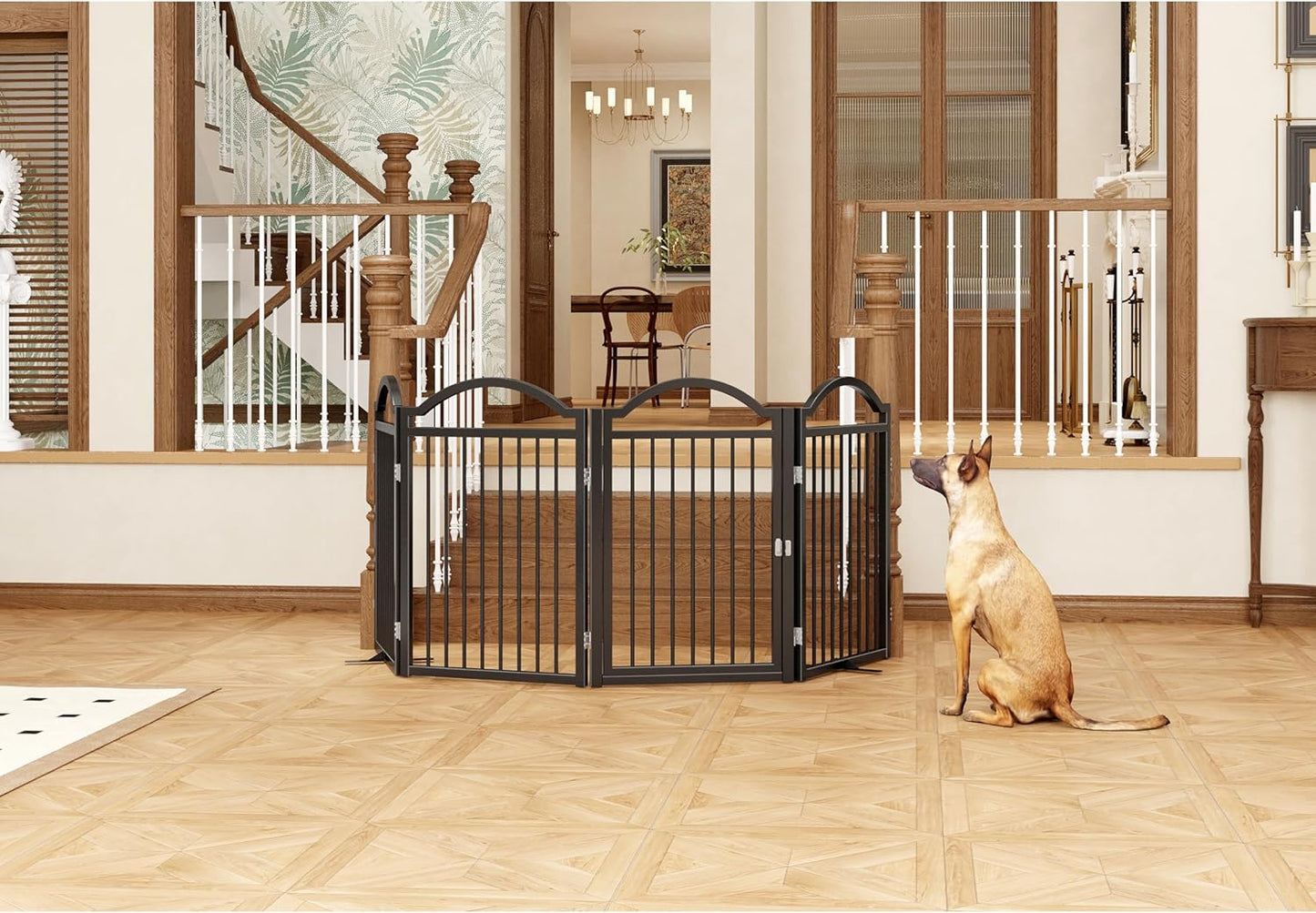 Metal No-Assembly Freestanding Dog Gate with Door Walk Through, Extra Wide 144", Extra Tall 32" Pet Gate, Accordion Puppy Folding Playpen Dog Fence for Indoor & Outdoor, with 2PCS Support - Black