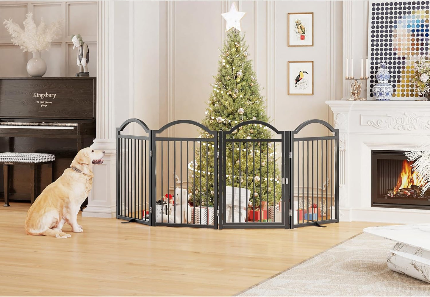 Metal No-Assembly Freestanding Dog Gate with Door Walk Through, Extra Wide 144", Extra Tall 32" Pet Gate, Accordion Puppy Folding Playpen Dog Fence for Indoor & Outdoor, with 2PCS Support - Black
