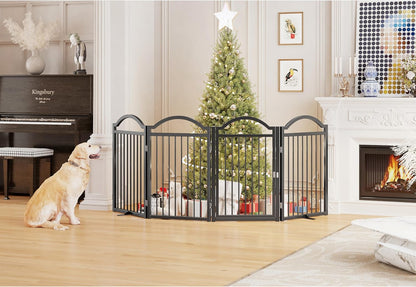Metal No-Assembly Freestanding Dog Gate with Door Walk Through, Extra Wide 144", Extra Tall 32" Pet Gate, Accordion Puppy Folding Playpen Dog Fence for Indoor & Outdoor, with 2PCS Support - Black