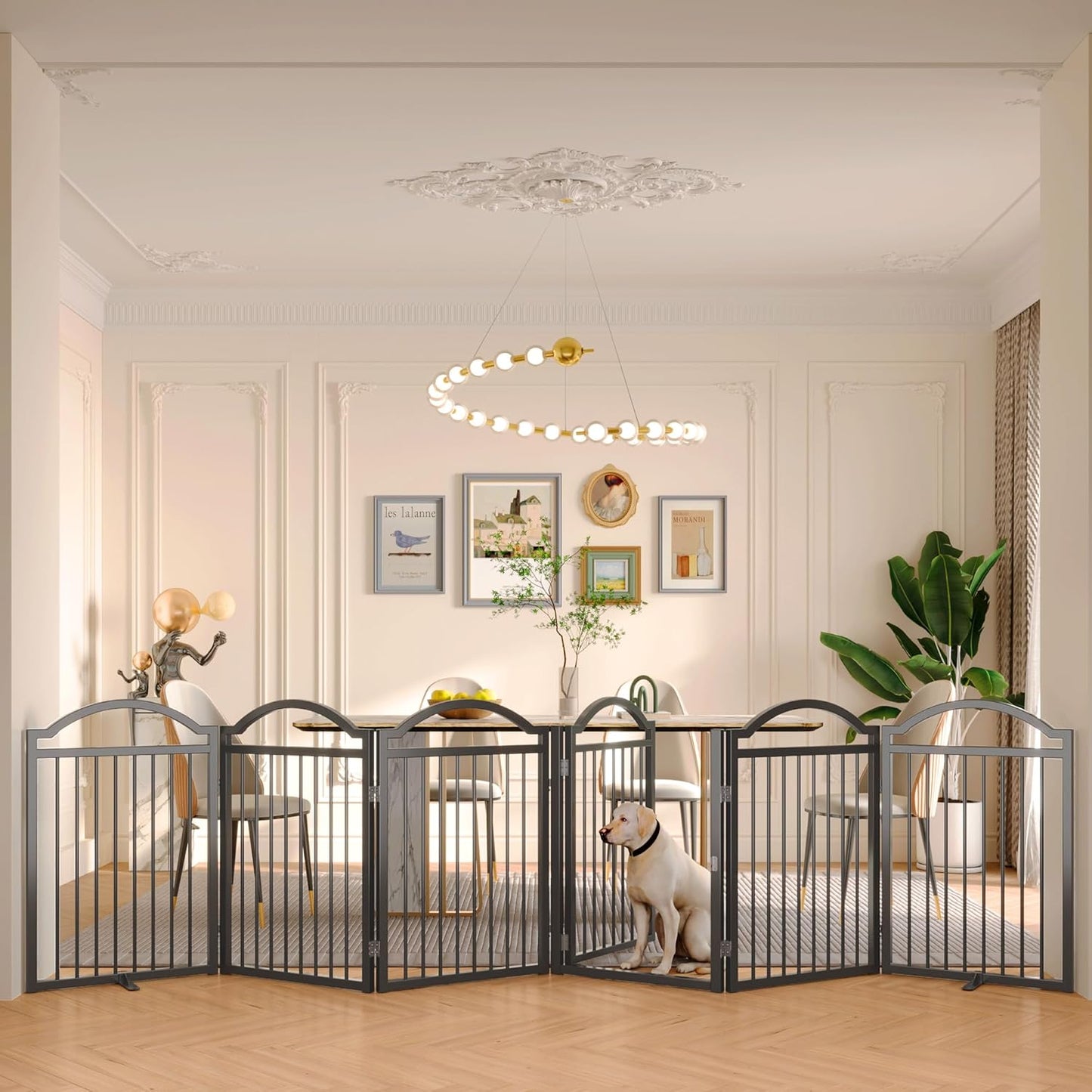 Metal No-Assembly Freestanding Dog Gate with Door Walk Through, Extra Wide 144", Extra Tall 32" Pet Gate, Accordion Puppy Folding Playpen Dog Fence for Indoor & Outdoor, with 2PCS Support - Black
