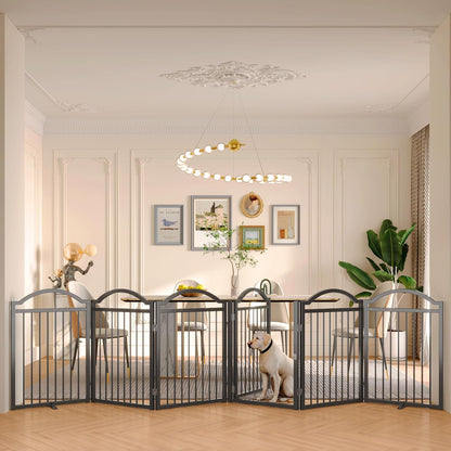 Metal No-Assembly Freestanding Dog Gate with Door Walk Through, Extra Wide 144", Extra Tall 32" Pet Gate, Accordion Puppy Folding Playpen Dog Fence for Indoor & Outdoor, with 2PCS Support - Black