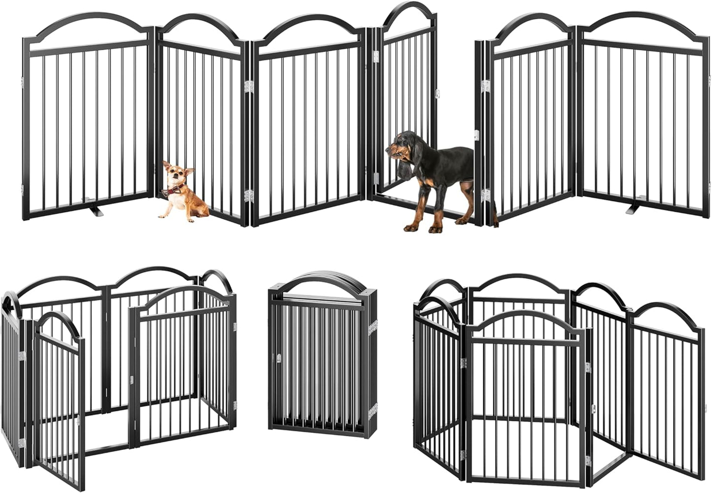 Metal No-Assembly Freestanding Dog Gate with Door Walk Through, Extra Wide 144", Extra Tall 32" Pet Gate, Accordion Puppy Folding Playpen Dog Fence for Indoor & Outdoor, with 2PCS Support - Black