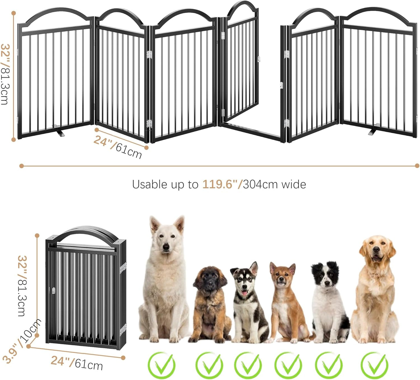 Metal No-Assembly Freestanding Dog Gate with Door Walk Through, Extra Wide 144", Extra Tall 32" Pet Gate, Accordion Puppy Folding Playpen Dog Fence for Indoor & Outdoor, with 2PCS Support - Black