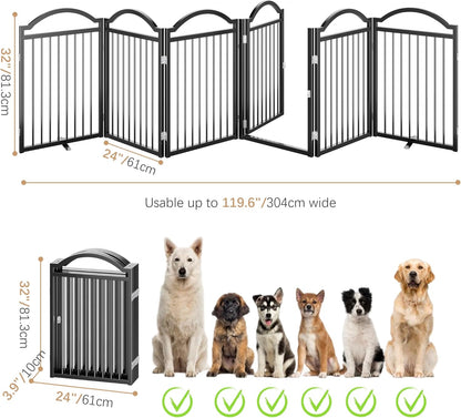 Metal No-Assembly Freestanding Dog Gate with Door Walk Through, Extra Wide 144", Extra Tall 32" Pet Gate, Accordion Puppy Folding Playpen Dog Fence for Indoor & Outdoor, with 2PCS Support - Black