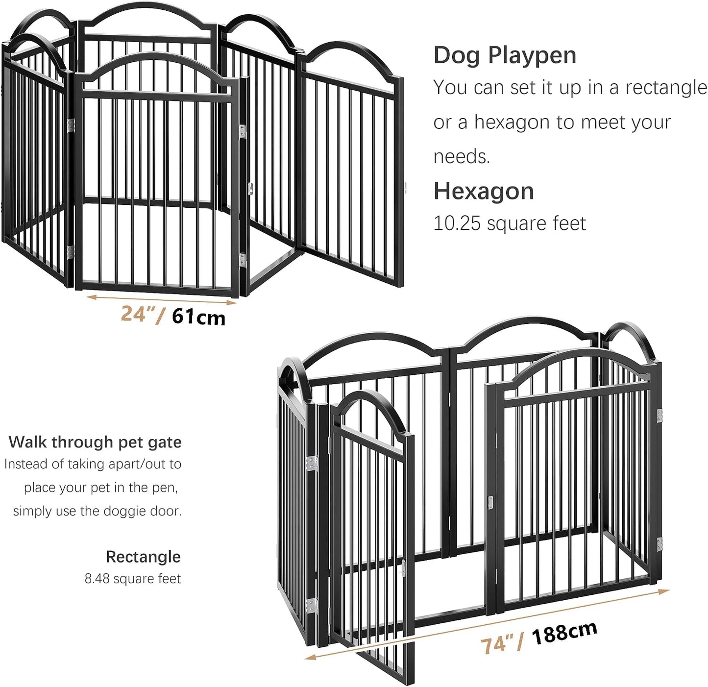 Metal No-Assembly Freestanding Dog Gate with Door Walk Through, Extra Wide 144", Extra Tall 32" Pet Gate, Accordion Puppy Folding Playpen Dog Fence for Indoor & Outdoor, with 2PCS Support - Black