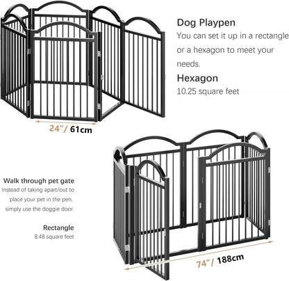 Metal No-Assembly Freestanding Dog Gate with Door Walk Through, Extra Wide 144", Extra Tall 32" Pet Gate, Accordion Puppy Folding Playpen Dog Fence for Indoor & Outdoor, with 2PCS Support - Black