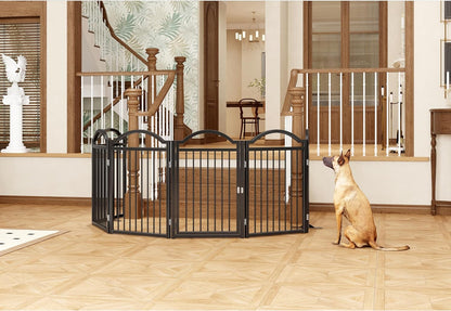 Metal No-Assembly Freestanding Dog Gate with Door Walk Through, Extra Wide 144", Extra Tall 32" Pet Gate, Accordion Puppy Folding Playpen Dog Fence for Indoor & Outdoor, with 2PCS Support - Black