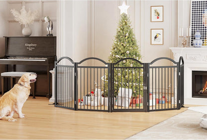Metal No-Assembly Freestanding Dog Gate with Door Walk Through, Extra Wide 144", Extra Tall 32" Pet Gate, Accordion Puppy Folding Playpen Dog Fence for Indoor & Outdoor, with 2PCS Support - Black