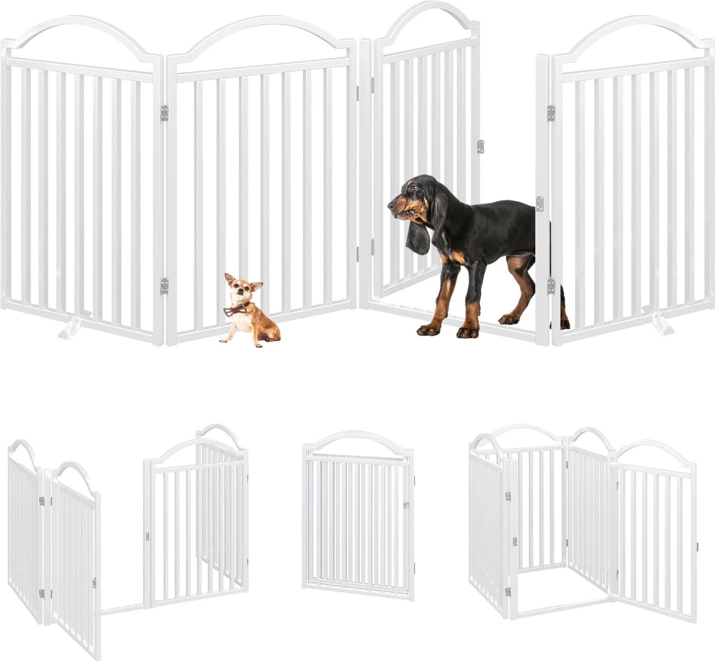 Metal No-Assembly Freestanding Dog Gate with Door Walk Through, Extra Wide 144", Extra Tall 32" Pet Gate, Accordion Puppy Folding Playpen Dog Fence for Indoor & Outdoor, with 2PCS Support - Black