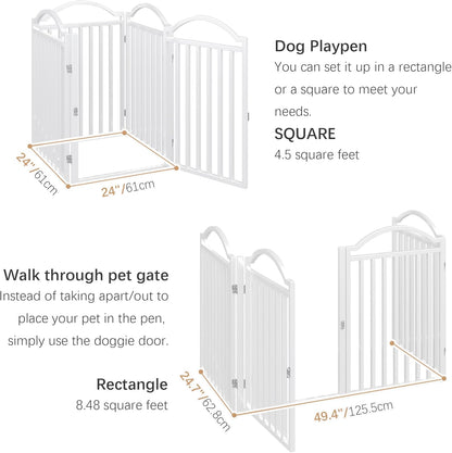 Metal No-Assembly Freestanding Dog Gate with Door Walk Through, Extra Wide 144", Extra Tall 32" Pet Gate, Accordion Puppy Folding Playpen Dog Fence for Indoor & Outdoor, with 2PCS Support - Black