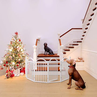 Metal No-Assembly Freestanding Dog Gate with Door Walk Through, Extra Wide 144", Extra Tall 32" Pet Gate, Accordion Puppy Folding Playpen Dog Fence for Indoor & Outdoor, with 2PCS Support - Black