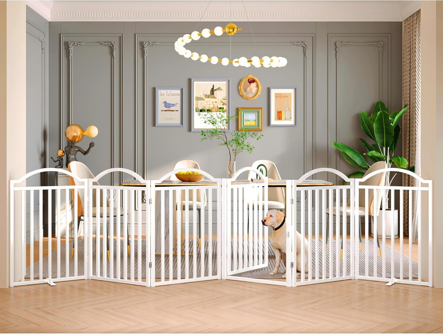 Metal No-Assembly Freestanding Dog Gate with Door Walk Through, Extra Wide 144", Extra Tall 32" Pet Gate, Accordion Puppy Folding Playpen Dog Fence for Indoor & Outdoor, with 2PCS Support - Black