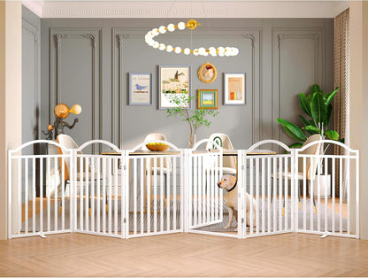 Metal No-Assembly Freestanding Dog Gate with Door Walk Through, Extra Wide 144", Extra Tall 32" Pet Gate, Accordion Puppy Folding Playpen Dog Fence for Indoor & Outdoor, with 2PCS Support - Black