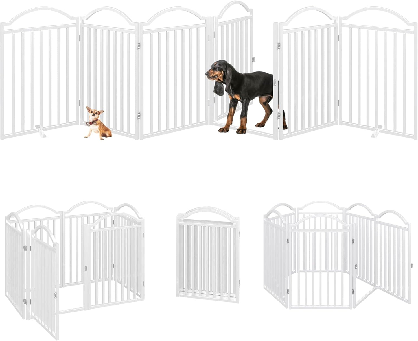 Metal No-Assembly Freestanding Dog Gate with Door Walk Through, Extra Wide 144", Extra Tall 32" Pet Gate, Accordion Puppy Folding Playpen Dog Fence for Indoor & Outdoor, with 2PCS Support - Black