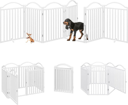 Metal No-Assembly Freestanding Dog Gate with Door Walk Through, Extra Wide 144", Extra Tall 32" Pet Gate, Accordion Puppy Folding Playpen Dog Fence for Indoor & Outdoor, with 2PCS Support - Black