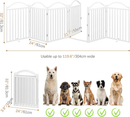 Metal No-Assembly Freestanding Dog Gate with Door Walk Through, Extra Wide 144", Extra Tall 32" Pet Gate, Accordion Puppy Folding Playpen Dog Fence for Indoor & Outdoor, with 2PCS Support - Black