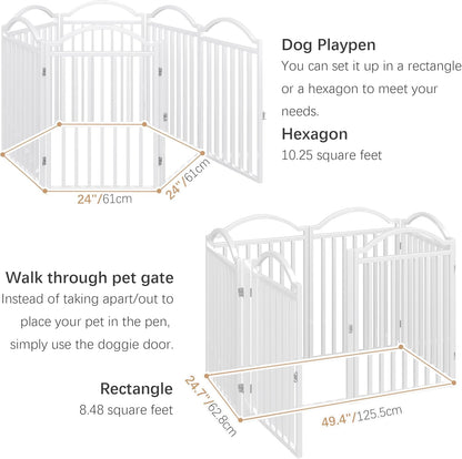 Metal No-Assembly Freestanding Dog Gate with Door Walk Through, Extra Wide 144", Extra Tall 32" Pet Gate, Accordion Puppy Folding Playpen Dog Fence for Indoor & Outdoor, with 2PCS Support - Black
