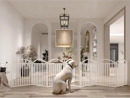 Metal No-Assembly Freestanding Dog Gate with Door Walk Through, Extra Wide 144", Extra Tall 32" Pet Gate, Accordion Puppy Folding Playpen Dog Fence for Indoor & Outdoor, with 2PCS Support - Black