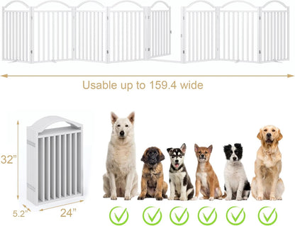 Metal No-Assembly Freestanding Dog Gate with Door Walk Through, Extra Wide 144", Extra Tall 32" Pet Gate, Accordion Puppy Folding Playpen Dog Fence for Indoor & Outdoor, with 2PCS Support - Black