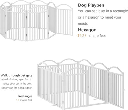 Metal No-Assembly Freestanding Dog Gate with Door Walk Through, Extra Wide 144", Extra Tall 32" Pet Gate, Accordion Puppy Folding Playpen Dog Fence for Indoor & Outdoor, with 2PCS Support - Black