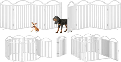 Metal No-Assembly Freestanding Dog Gate with Door Walk Through, Extra Wide 144", Extra Tall 32" Pet Gate, Accordion Puppy Folding Playpen Dog Fence for Indoor & Outdoor, with 2PCS Support - Black