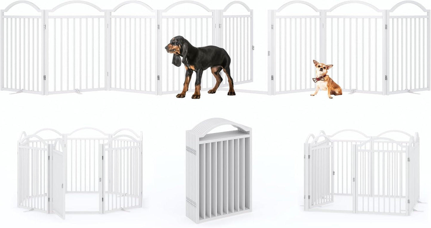 Metal No-Assembly Freestanding Dog Gate with Door Walk Through, Extra Wide 144", Extra Tall 32" Pet Gate, Accordion Puppy Folding Playpen Dog Fence for Indoor & Outdoor, with 2PCS Support - Black