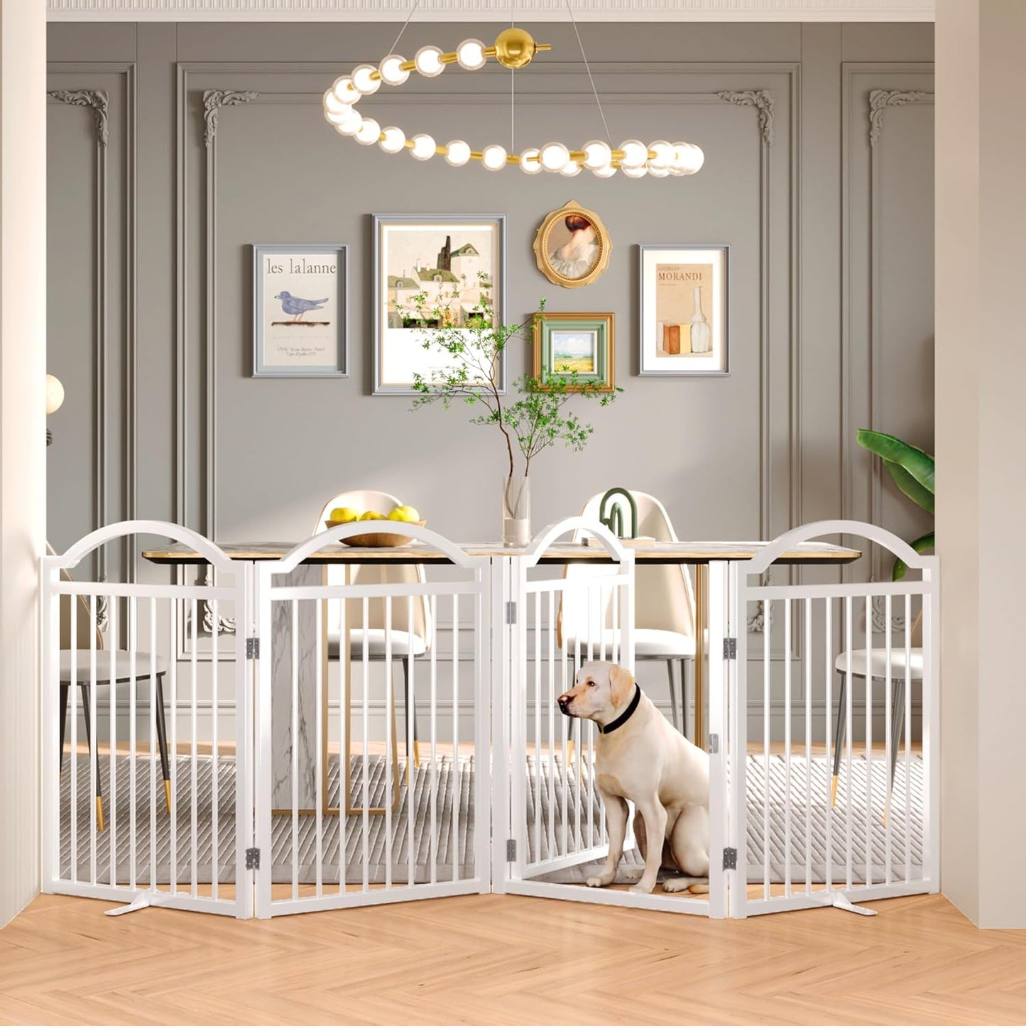 Metal No-Assembly Freestanding Dog Gate with Door Walk Through, Extra Wide 144", Extra Tall 32" Pet Gate, Accordion Puppy Folding Playpen Dog Fence for Indoor & Outdoor, with 2PCS Support - Black