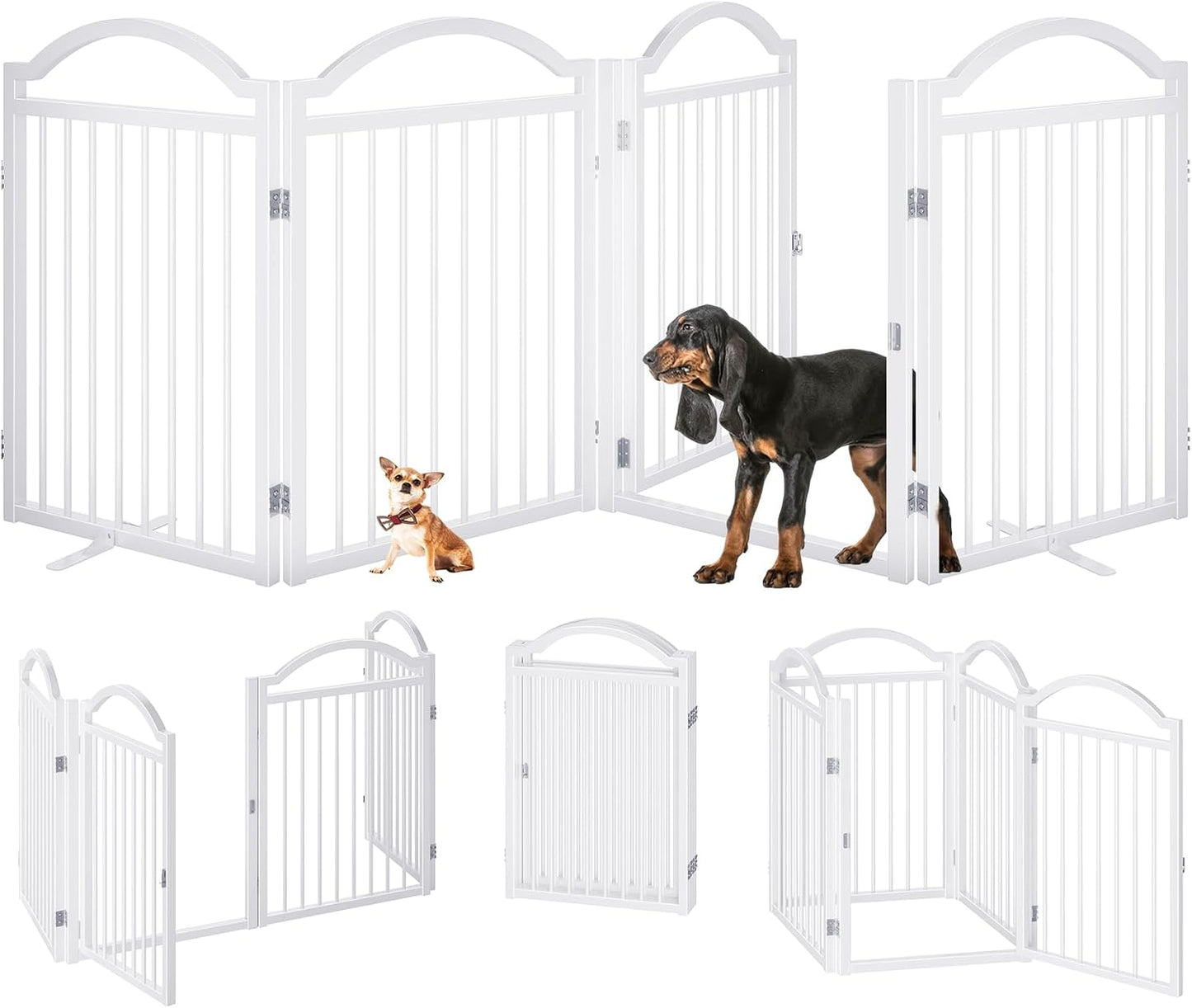Metal No-Assembly Freestanding Dog Gate with Door Walk Through, Extra Wide 144", Extra Tall 32" Pet Gate, Accordion Puppy Folding Playpen Dog Fence for Indoor & Outdoor, with 2PCS Support - Black