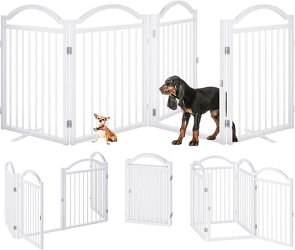 Metal No-Assembly Freestanding Dog Gate with Door Walk Through, Extra Wide 144", Extra Tall 32" Pet Gate, Accordion Puppy Folding Playpen Dog Fence for Indoor & Outdoor, with 2PCS Support - Black