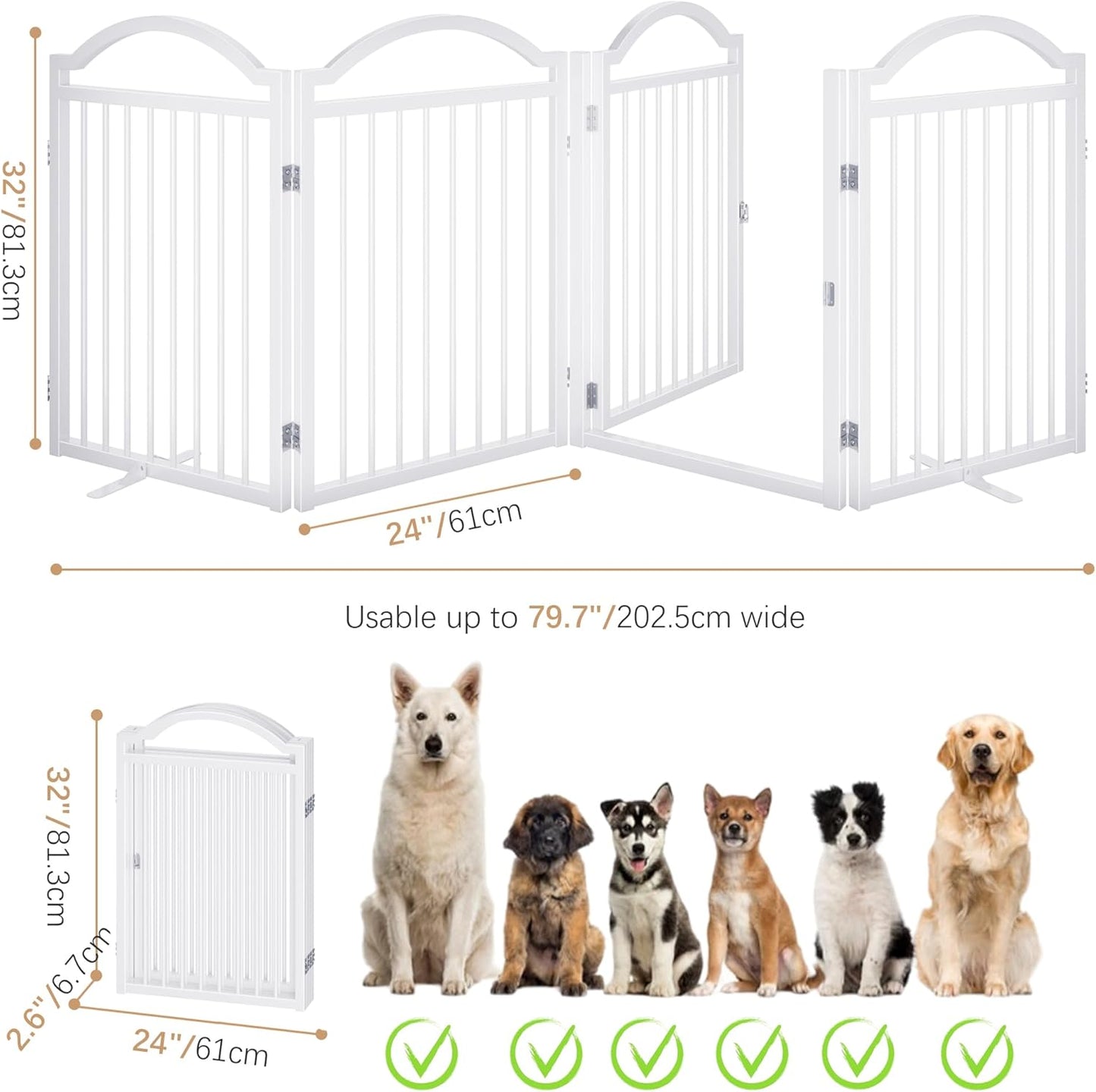 Metal No-Assembly Freestanding Dog Gate with Door Walk Through, Extra Wide 144", Extra Tall 32" Pet Gate, Accordion Puppy Folding Playpen Dog Fence for Indoor & Outdoor, with 2PCS Support - Black