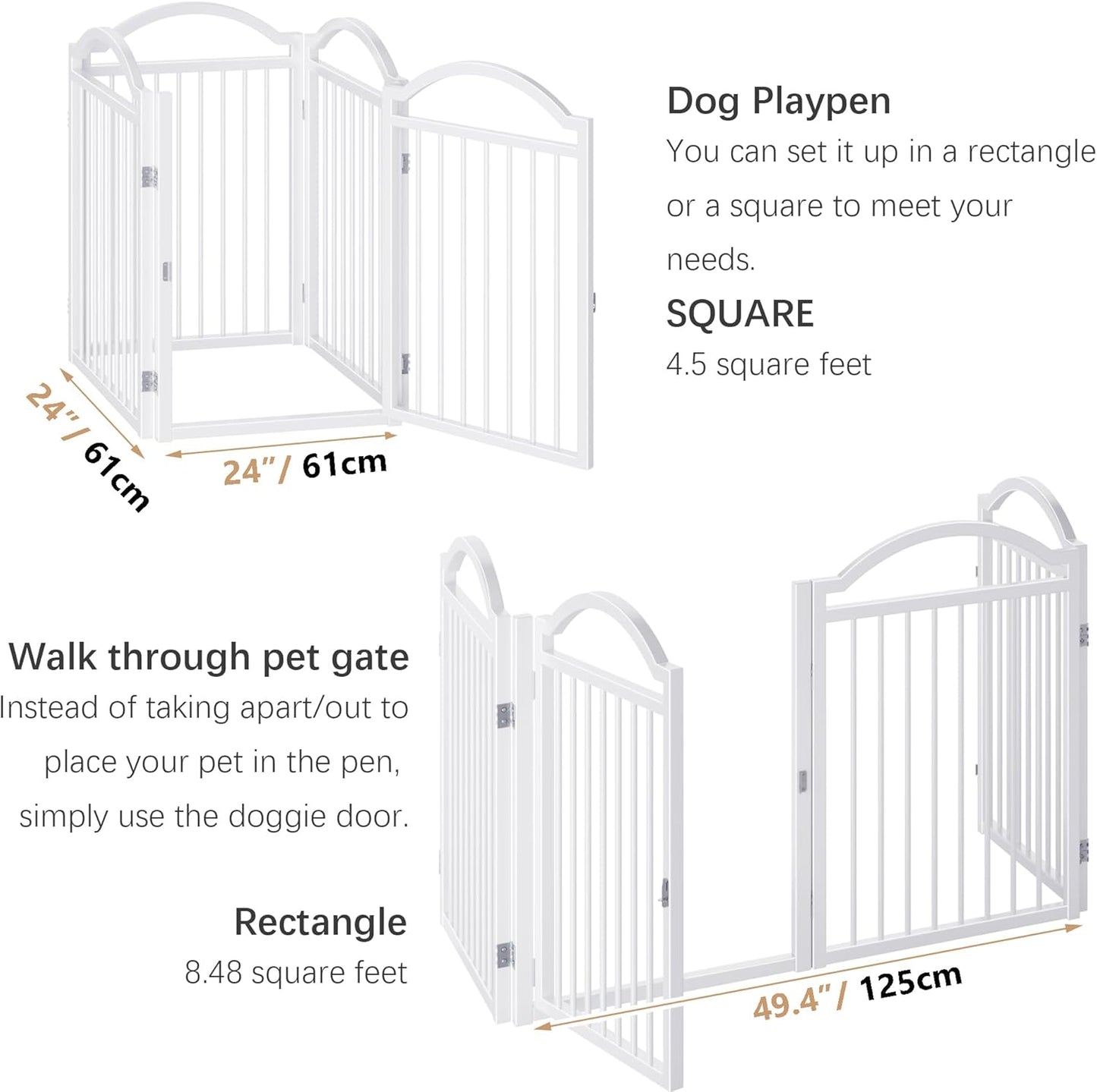 Metal No-Assembly Freestanding Dog Gate with Door Walk Through, Extra Wide 144", Extra Tall 32" Pet Gate, Accordion Puppy Folding Playpen Dog Fence for Indoor & Outdoor, with 2PCS Support - Black