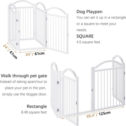 Metal No-Assembly Freestanding Dog Gate with Door Walk Through, Extra Wide 144", Extra Tall 32" Pet Gate, Accordion Puppy Folding Playpen Dog Fence for Indoor & Outdoor, with 2PCS Support - Black