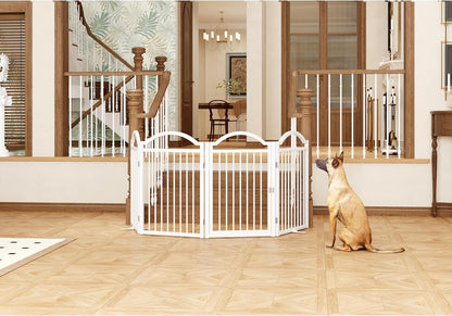 Metal No-Assembly Freestanding Dog Gate with Door Walk Through, Extra Wide 144", Extra Tall 32" Pet Gate, Accordion Puppy Folding Playpen Dog Fence for Indoor & Outdoor, with 2PCS Support - Black