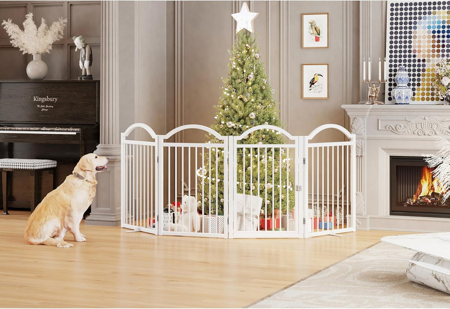 Metal No-Assembly Freestanding Dog Gate with Door Walk Through, Extra Wide 144", Extra Tall 32" Pet Gate, Accordion Puppy Folding Playpen Dog Fence for Indoor & Outdoor, with 2PCS Support - Black