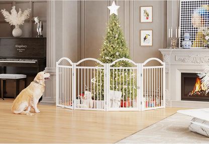 Metal No-Assembly Freestanding Dog Gate with Door Walk Through, Extra Wide 144", Extra Tall 32" Pet Gate, Accordion Puppy Folding Playpen Dog Fence for Indoor & Outdoor, with 2PCS Support - Black