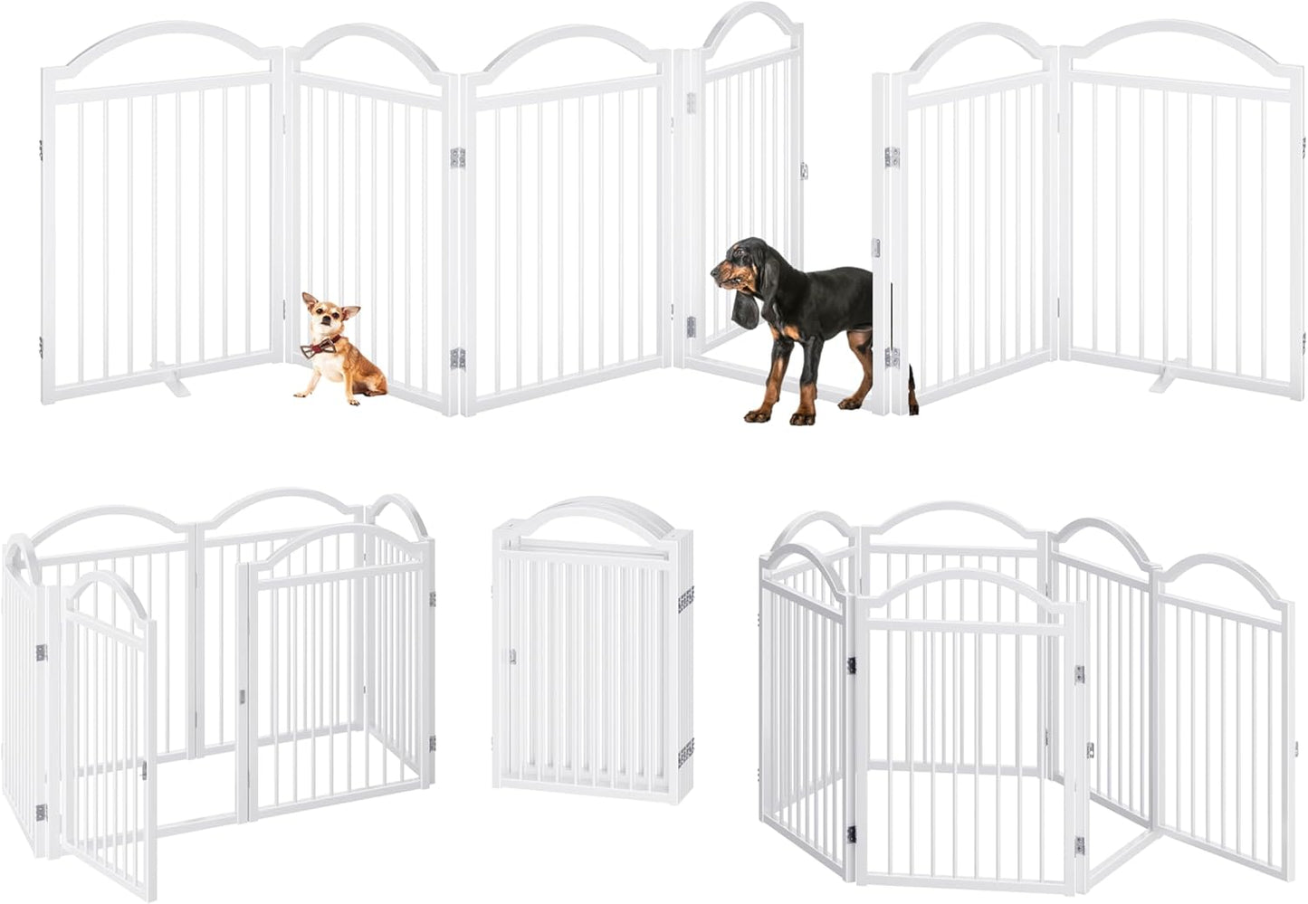 Metal No-Assembly Freestanding Dog Gate with Door Walk Through, Extra Wide 144", Extra Tall 32" Pet Gate, Accordion Puppy Folding Playpen Dog Fence for Indoor & Outdoor, with 2PCS Support - Black