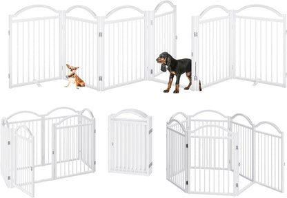 Metal No-Assembly Freestanding Dog Gate with Door Walk Through, Extra Wide 144", Extra Tall 32" Pet Gate, Accordion Puppy Folding Playpen Dog Fence for Indoor & Outdoor, with 2PCS Support - Black