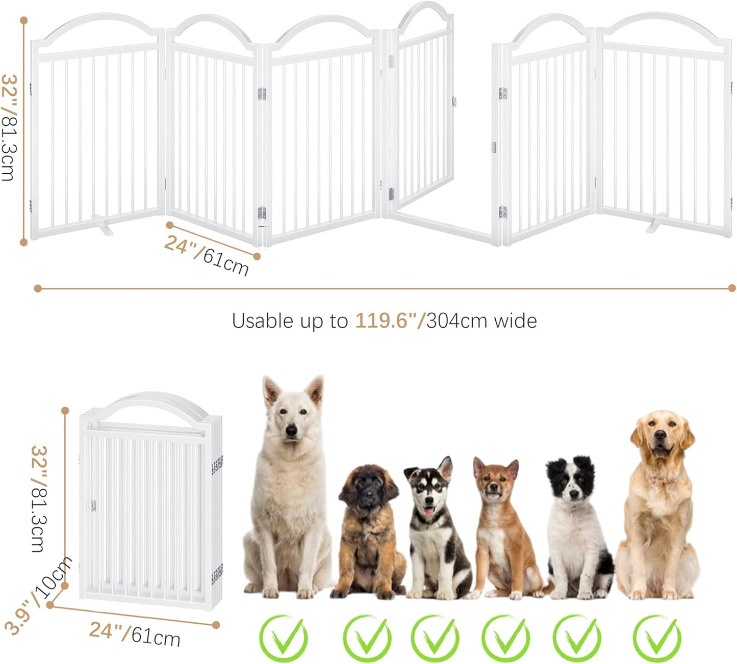 Metal No-Assembly Freestanding Dog Gate with Door Walk Through, Extra Wide 144", Extra Tall 32" Pet Gate, Accordion Puppy Folding Playpen Dog Fence for Indoor & Outdoor, with 2PCS Support - Black