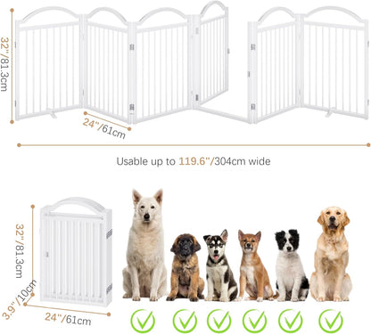 Metal No-Assembly Freestanding Dog Gate with Door Walk Through, Extra Wide 144", Extra Tall 32" Pet Gate, Accordion Puppy Folding Playpen Dog Fence for Indoor & Outdoor, with 2PCS Support - Black