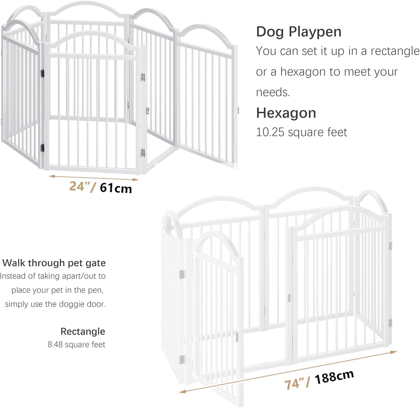 Metal No-Assembly Freestanding Dog Gate with Door Walk Through, Extra Wide 144", Extra Tall 32" Pet Gate, Accordion Puppy Folding Playpen Dog Fence for Indoor & Outdoor, with 2PCS Support - Black