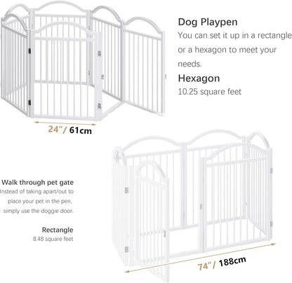Metal No-Assembly Freestanding Dog Gate with Door Walk Through, Extra Wide 144", Extra Tall 32" Pet Gate, Accordion Puppy Folding Playpen Dog Fence for Indoor & Outdoor, with 2PCS Support - Black