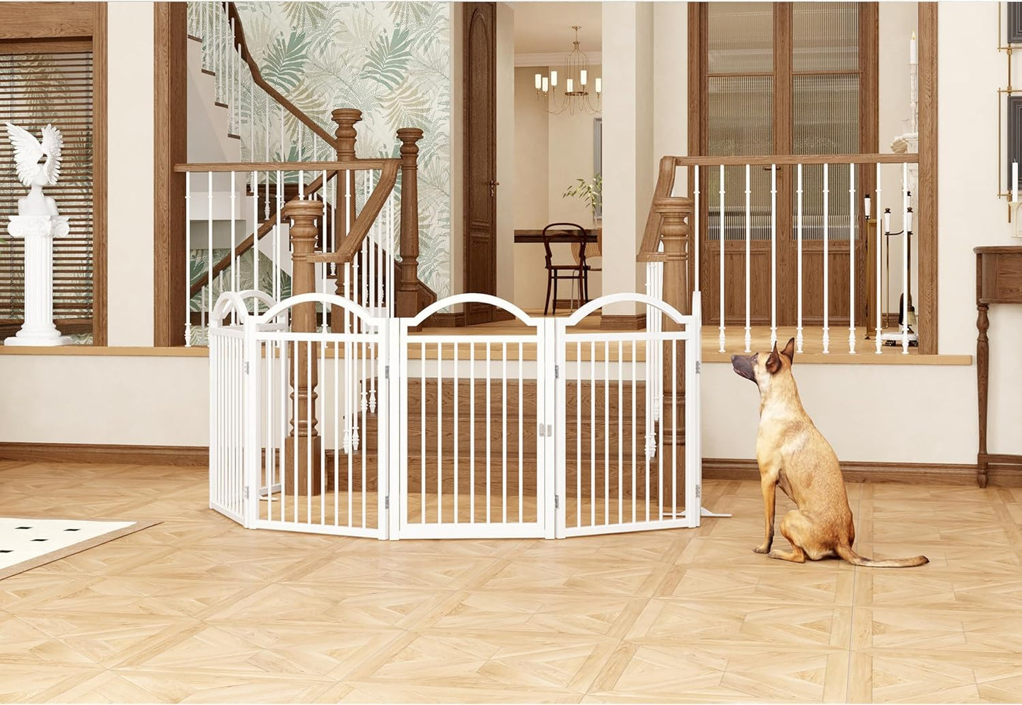 Metal No-Assembly Freestanding Dog Gate with Door Walk Through, Extra Wide 144", Extra Tall 32" Pet Gate, Accordion Puppy Folding Playpen Dog Fence for Indoor & Outdoor, with 2PCS Support - Black