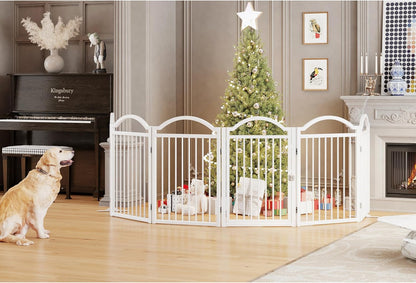 Metal No-Assembly Freestanding Dog Gate with Door Walk Through, Extra Wide 144", Extra Tall 32" Pet Gate, Accordion Puppy Folding Playpen Dog Fence for Indoor & Outdoor, with 2PCS Support - Black