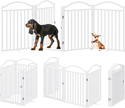 Metal No-Assembly Freestanding Dog Gate with Door Walk Through, Extra Wide 144", Extra Tall 32" Pet Gate, Accordion Puppy Folding Playpen Dog Fence for Indoor & Outdoor, with 2PCS Support - Black