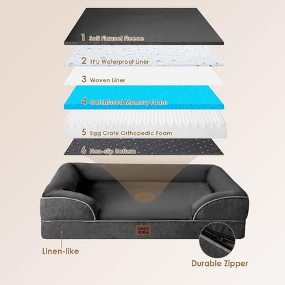Orthopedic Extra Large Dog Bed, Waterproof Washable XL Pet Bed 44" | Non-Slip Bottom and Egg-Crate Polyurethane Foam Big Dog Couch Bed with Washable Removable Cover, Grey
