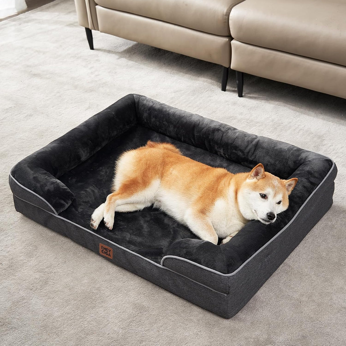 Orthopedic Extra Large Dog Bed, Waterproof Washable XL Pet Bed 44" | Non-Slip Bottom and Egg-Crate Polyurethane Foam Big Dog Couch Bed with Washable Removable Cover, Grey
