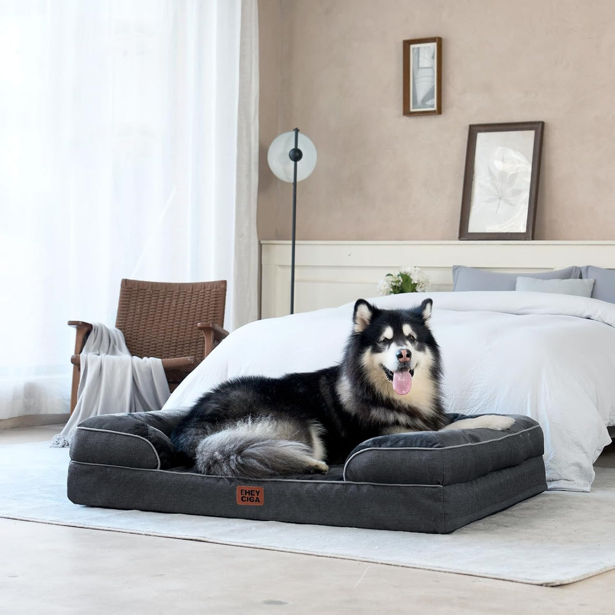 Orthopedic Extra Large Dog Bed, Waterproof Washable XL Pet Bed 44" | Non-Slip Bottom and Egg-Crate Polyurethane Foam Big Dog Couch Bed with Washable Removable Cover, Grey